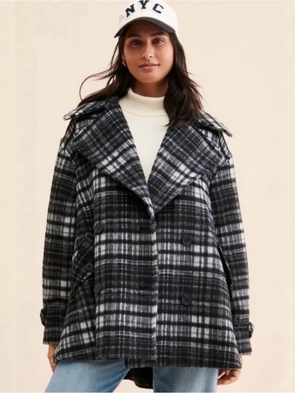 Free People Highlands Wool Plaid Oversized Peacoat XS Black Gray White
